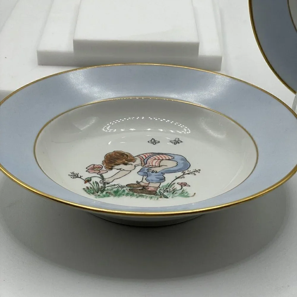 Vintage Signed 1954 Denmark Ceramic Hand Painted Blue Rim Child's Plate Bowl Set